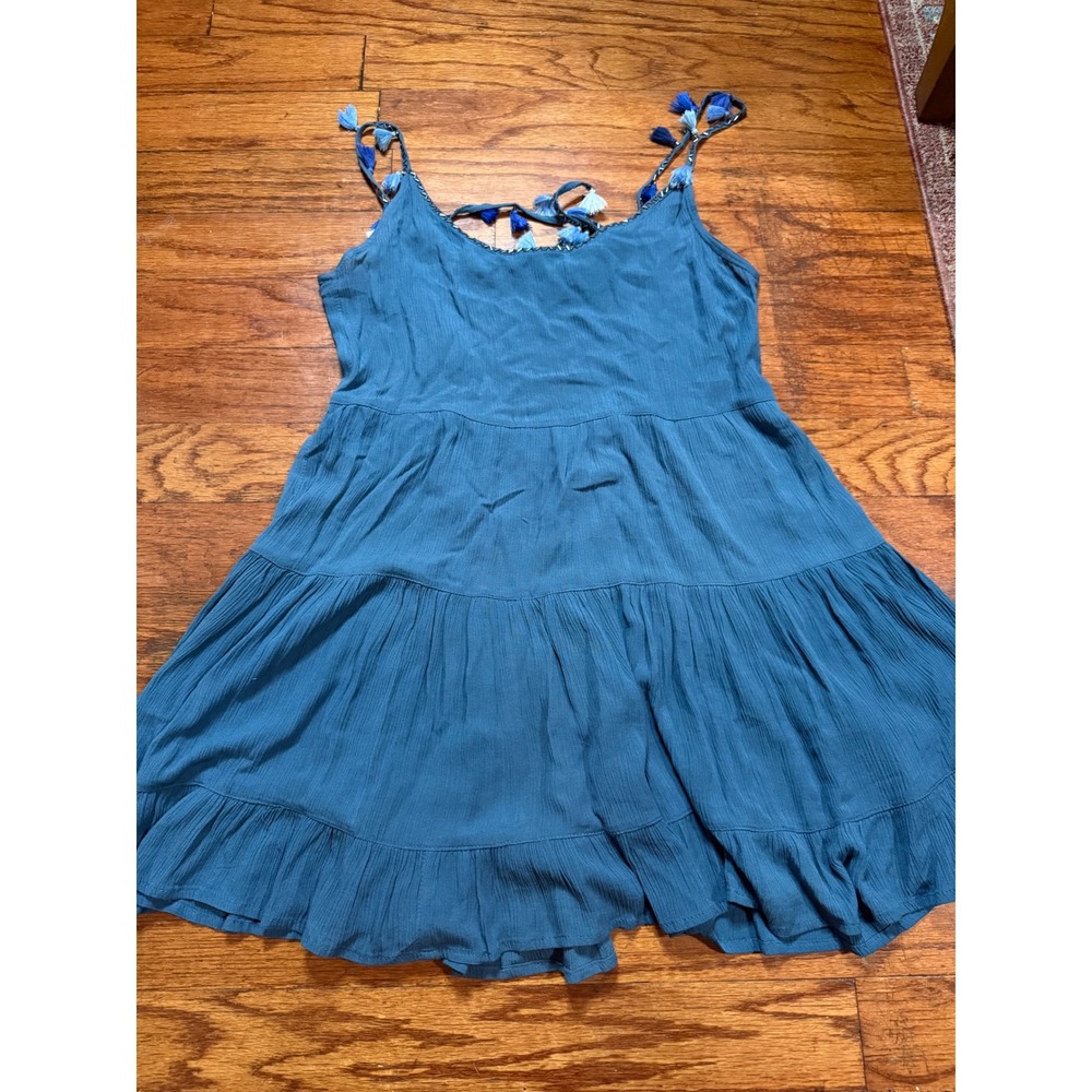 Handmade Indonesia Teal Blue Tassel Tiered‎ Rayon Boho Mini Dress Womens Small